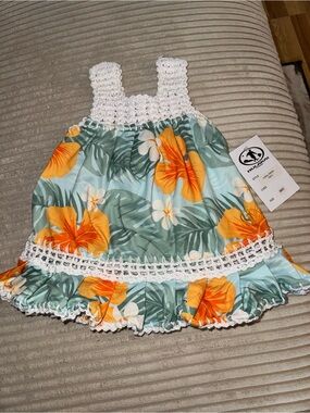 Hulakai Tropical Floral Crochet Infant Dress- Aqua & Orange